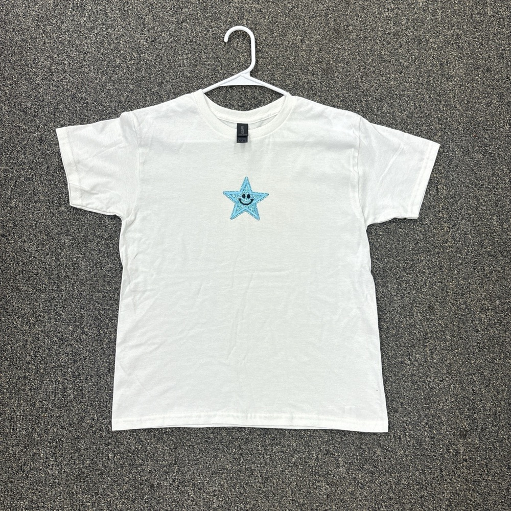 Cute blue sparkly star white t-shirt